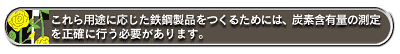 これら用途に応じた鉄鋼製品をつくるためには、炭素含有量の測定を正確に行う必要があります。