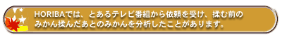 HORIBAでは、とあるテレビ番組から依頼を受け、揉む前のみかん揉んだあとのみかんを分析したことがあります。
