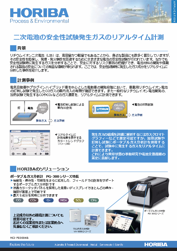 二次電池の安全性試験発生ガスのリアルタイム計測MCJ-PE0004A